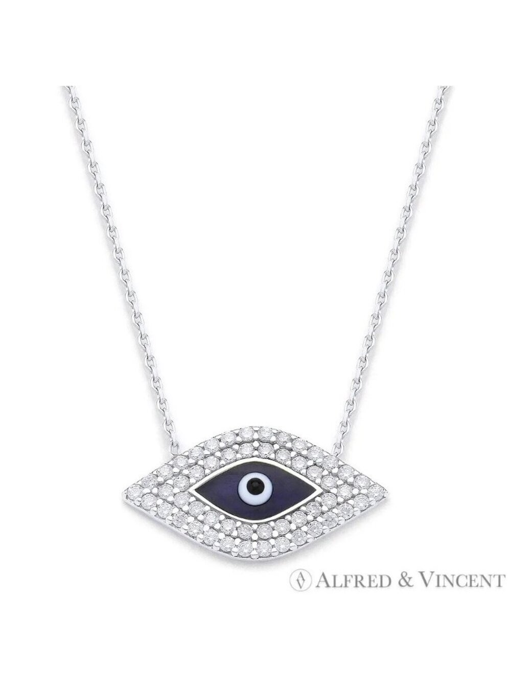 Evil Eye Bead Charm Necklace w/ CZ Crystals in .925 Sterling Silver w/ Rhodium